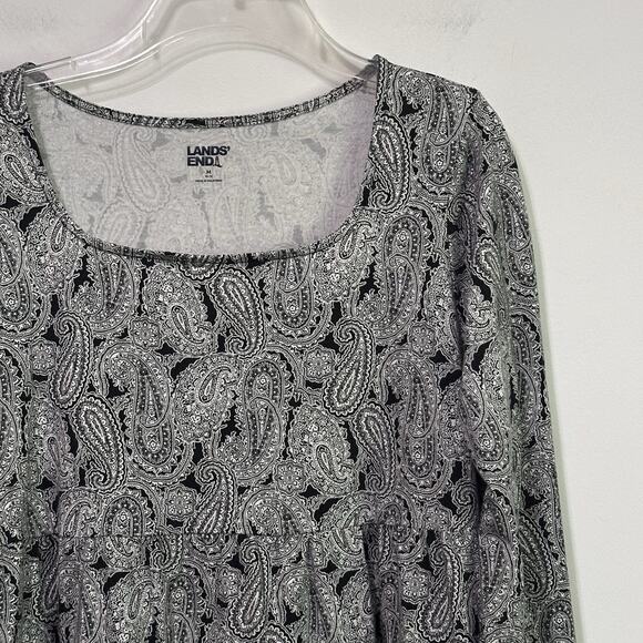 Lands End Square Neck Tee Top M 10/12 Black White Long Sleeve Pullover Stretch - Picture 3 of 10
